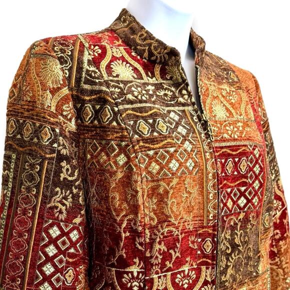 Textured Tapestry Jacquard Blazer Jacket 1X Chenille Zip Brown Indy Boho Baroque - Picture 10 of 11